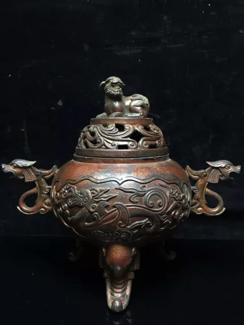 8" china Antique Tibetan Buddhism temple Bronze gilt lion dragon Incense Burner