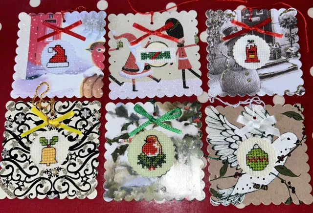 6 Cross Stitched Christmas Gift Tags. Handmade.