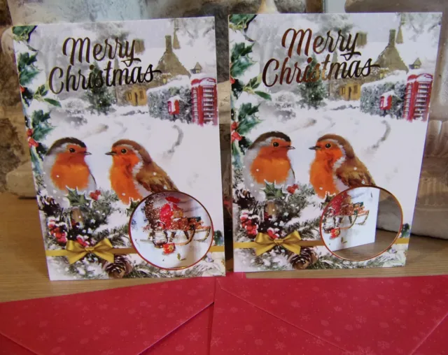 2 cartes de vœux Joyeux Noël & bonne année oiseaux rouge-gorges avec enveloppes