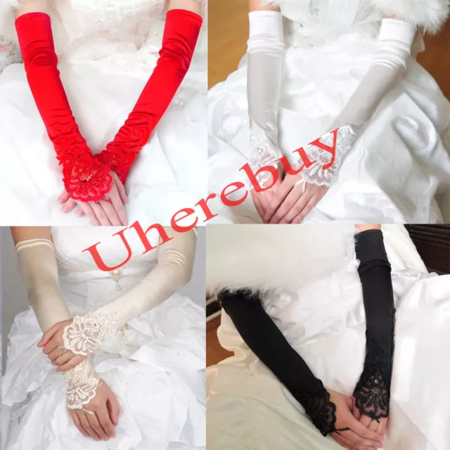 Women Long Wedding Lace Satin Bride Gloves Fingerless Party Bridal Dress US