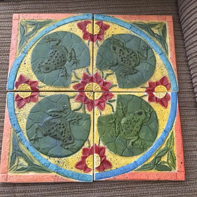 Vintage set 4 ceramic wall tiles Colorful frog Lily pad red flowers 5.75”
