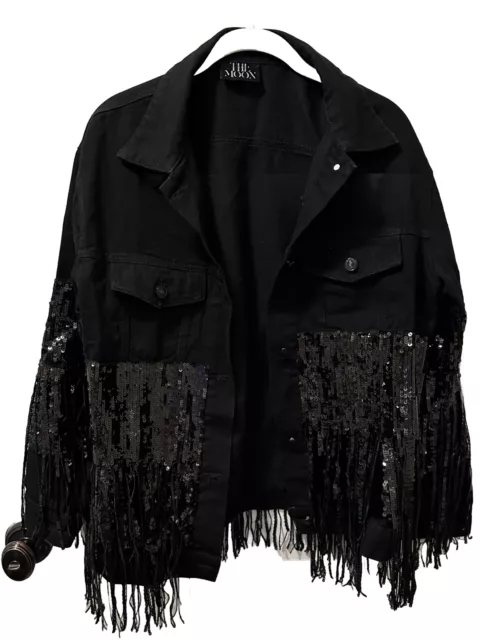 Women's Black Sequin Fringe Denim Jacket, Size Small