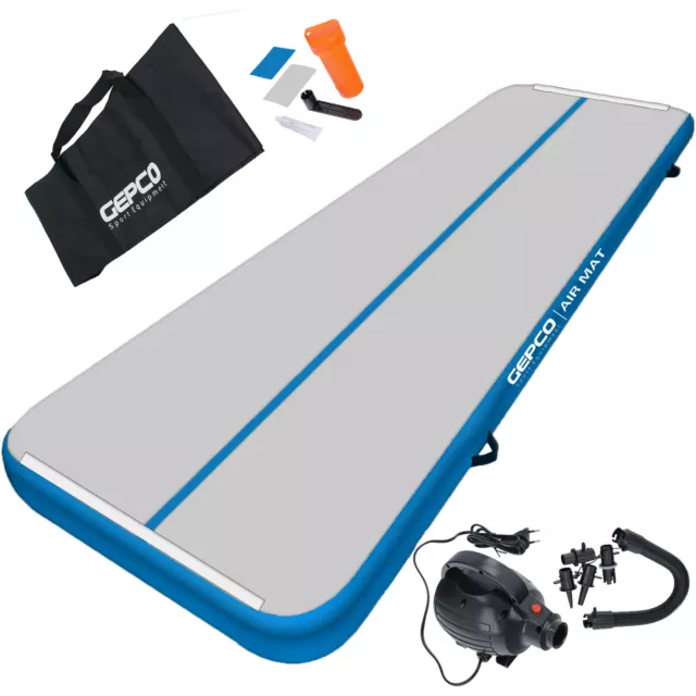 Gepco 4M Tapis de Gymnastique Air Track Matte Tumbling Gonflable Blanc Bleu