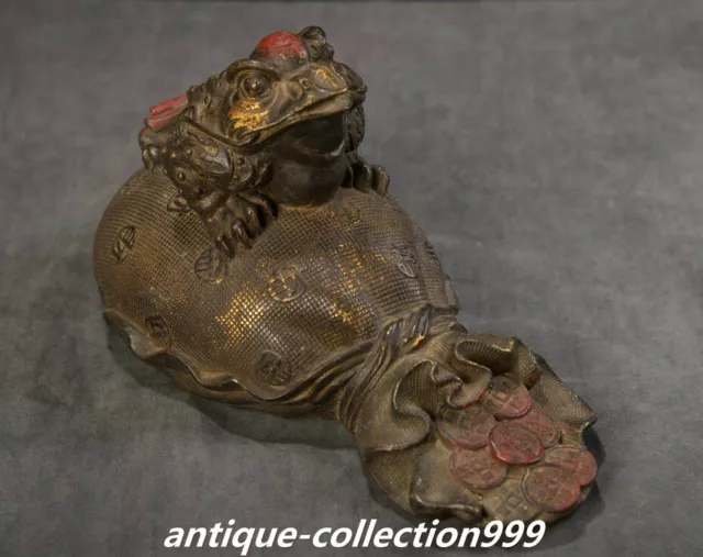 9" Old Dynasty Bronze Gilt Wealth Treasure Money Bag Golden Toad Spittor Statue