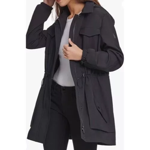 DKNY Womens Black Hooded Waterproof Lightweight Parka Anorak Jacket Size S NEW