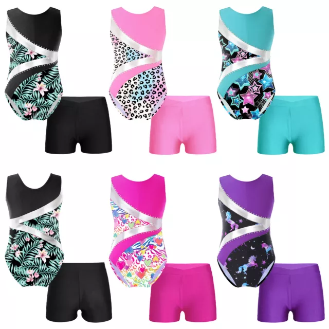 Girls Rhinestone Gymnastics Dance 2 Piece Outfit Sleeveless Leotard with Shorts