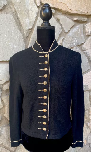 Vintage J.S.S. Sweater Cardigan Top Size S M Black Knit Gold Metallic Accents