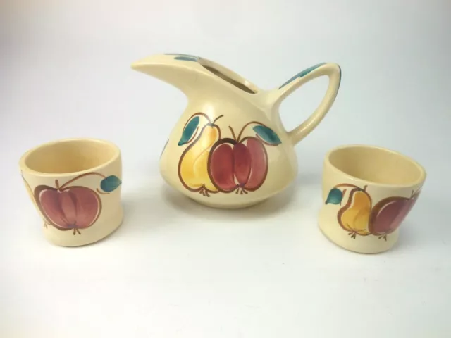 Vintage Puritan Pottery Apple Fruit Pitcher and Two Cups