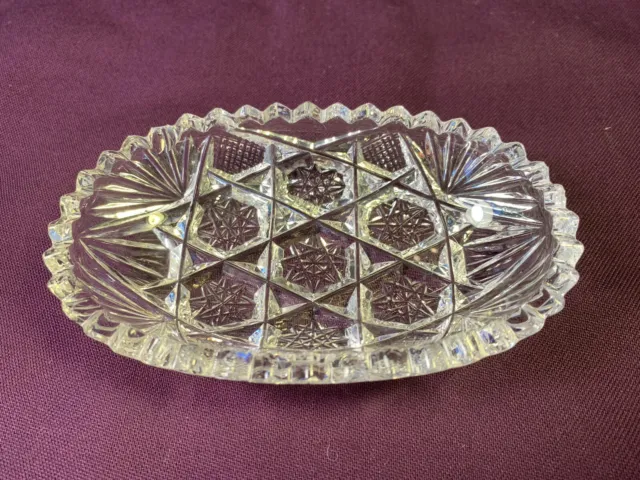 Small American Brilliant Cut Glass Oval Bowl Dish, Stars & Sawtooth Edge 4 5/8" 2