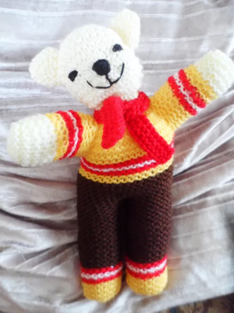 Teddy Bear Hand Knitted Brown Yellow Red  10"  Present Gift Birthday Christmas