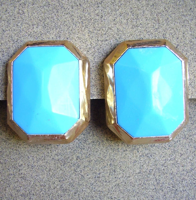 Boucles D'oreilles Konplott Résine Dorée Et Bleu Turquoise - Modèle 1180, état Neuf