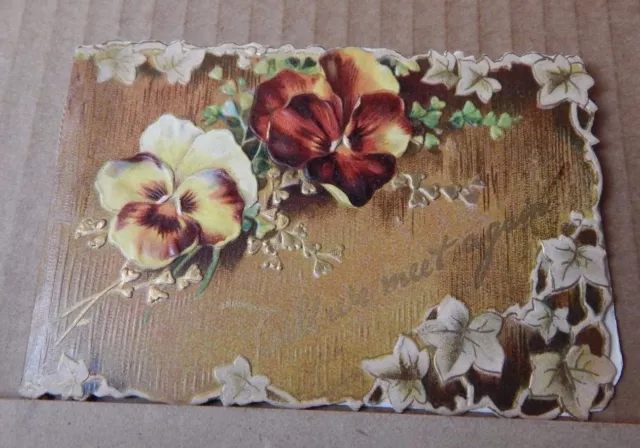 Vintage embossed Greetings card Till We Meet Again Pansies 12cm x8cm