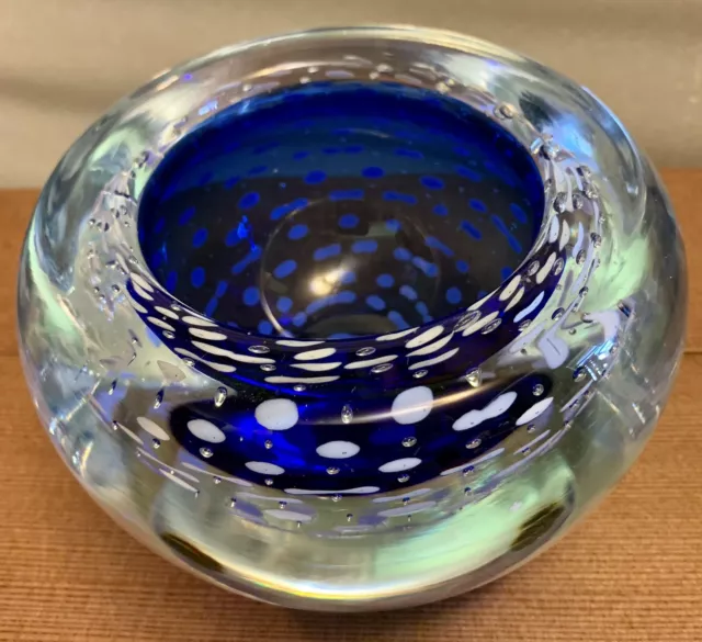 Vintage Beranek Czech Art Glass Cobalt Blue Controlled Bubble Vase HEAVY