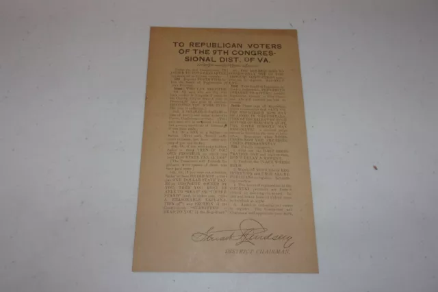 9th Congressional District Virginia Broadside 1902 Voting Requirements Suffrage