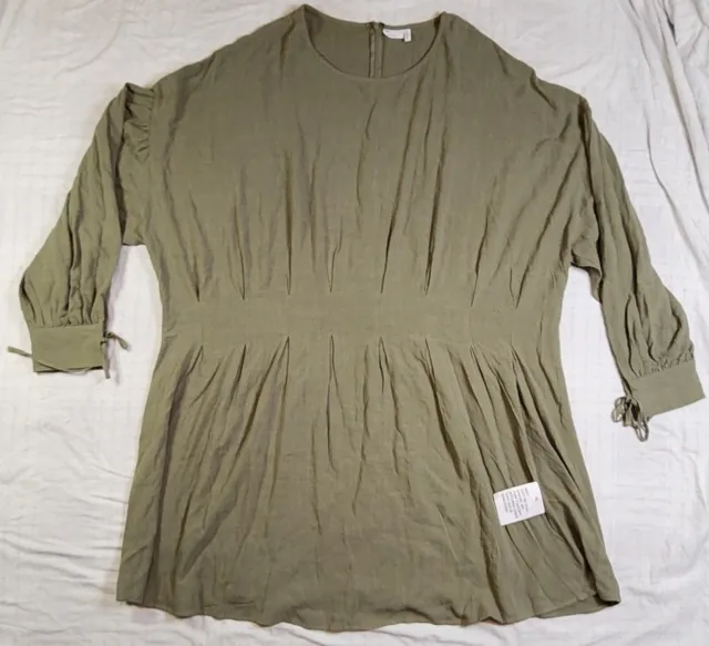 ASOS Design Nipped Waist Linen Blend Dress Size 26 Olive Tie Cuffs Lagenlook