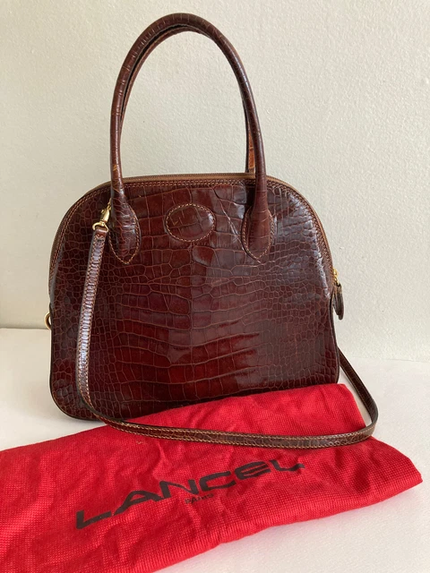 SAC MAIN LANCEL cuir croco marron retro vintage doré bag