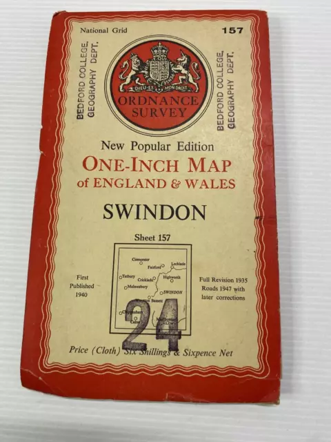 One Inch Ordnance Survey Map Sheet 157 Swindon  1940 Cloth - Vintage Foldout