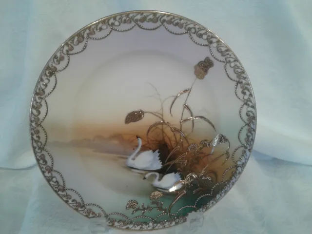 Antique Nippon Plate Hand Painted  Gold Trim Moriage Swans Pond Nature SO NICE!