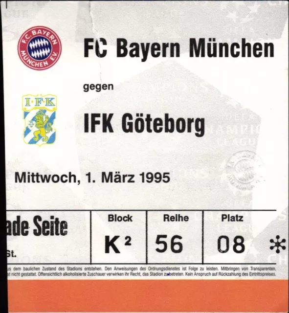 Biglietto Champions League Ec I 94/95 FC Bayern München - IFK Göteborg,