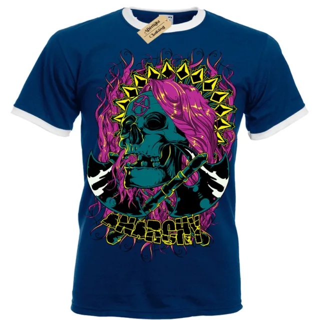 Anarchy T-Shirt Axes Teschio Biker Gotico Punk Rock Metal Scheletro Uomo Ringer