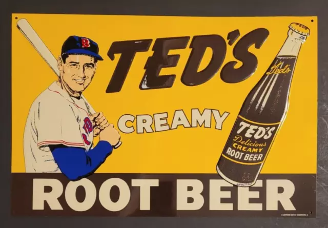 VINTAGE ~ TED WILLIAMS ~ Ted's Creamy Root Beer Metal Tin Sign 15”x 10”