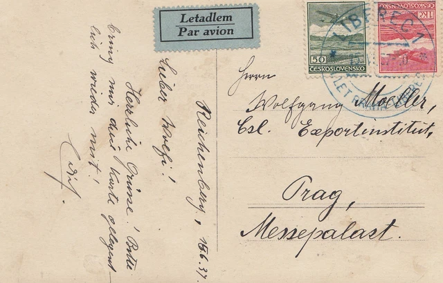 TSCHECHESLOWAKEI 1937 ANSICHTSKARTE Reichenberg nach Prag, Ersttag