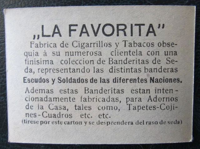 Cigarette Silks Card Ww1 Turkey military La Favorita Soldiers Flag ORIGINAL BACK 2