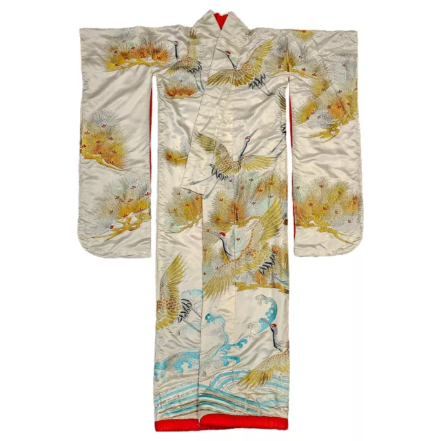 Vintage Japanese Uchikake Traditional Ceremonial Wedding Kimono Cranes Off-White