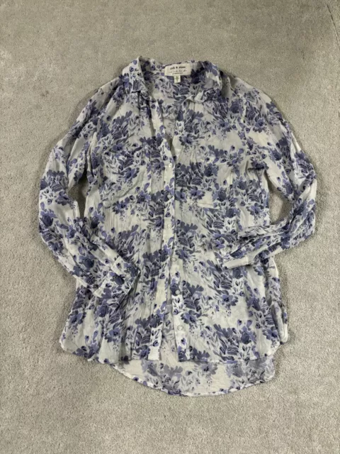 Cloth & Stone Anthropologie Top Shirt Blue Floral  High Low Semi Sheer Large