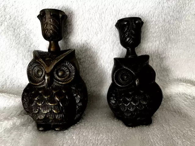 Owl Metal Candlestick Holders, Brass Figural Owls Pair of 2 Decor