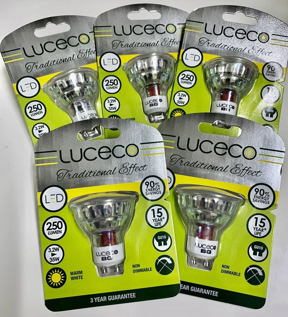 50 x Luceco GU10 LED Glühbirne 3,2W 2700K 250LM warmweiß 54 mm lang UK Lagerbestand