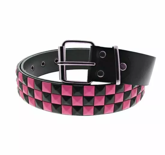 Cintura unisex con borchie a piramide a 3 file nera e rosa neon a scacchi - taglia unica