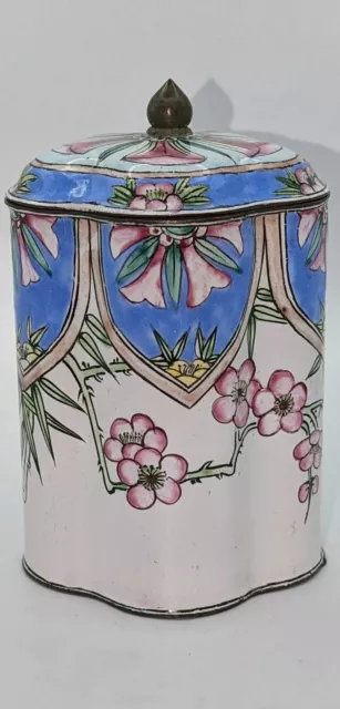Vintage Chinese Solid Brass Enameled Floral Round Lidded Tea Caddy Art Deco Era.