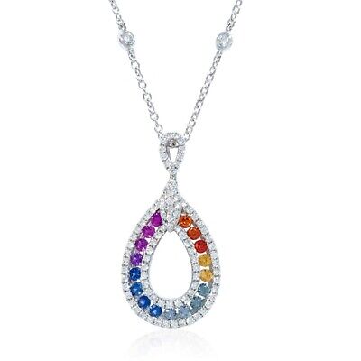 Art Deco Multi Color Sapphire & Diamond Pendant 18" Necklace 18k White Gold Over