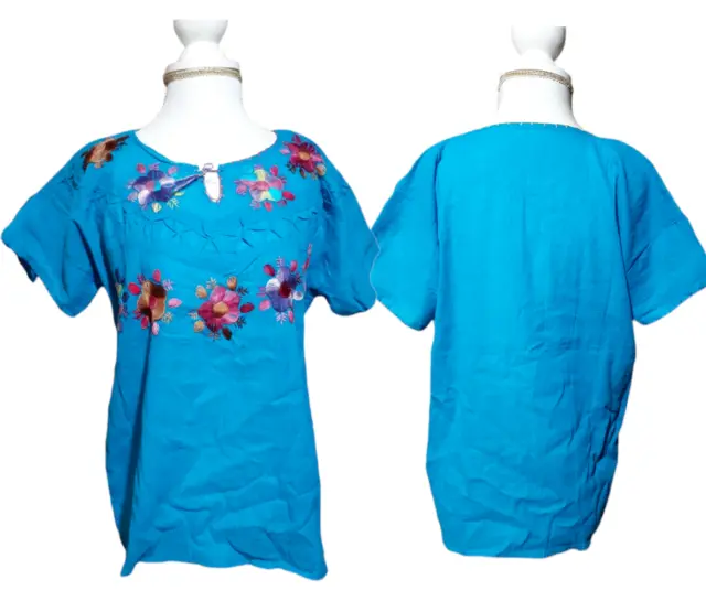 Mexican Hand Embroidered Women's Blouse Peasant Top Blue Etnic Cap Sleeves M/L