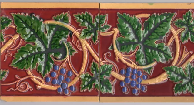 Minton Hollins & Co - c1870 - Grape Vine w/ Grapes - Antique Enameled Tiles-2ea