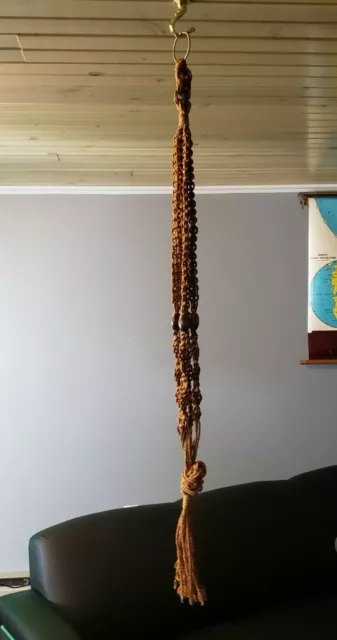 Vintage Macrame Plant Hanger Brown Wooden Bead Mid Century