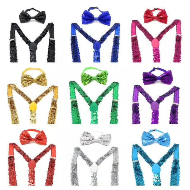 *UK Store* SEQUIN SHINY TROUSER BRACES AND BOW TIE FANCY DRESS COSTUME SET MENS