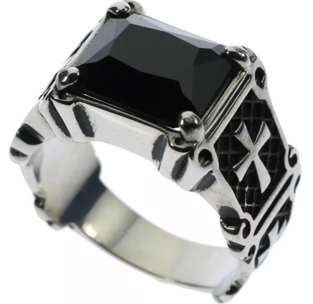 Knights Templar Cross 6 carat Black Onyx Stainless Steel Men's Ring Size 9 T38