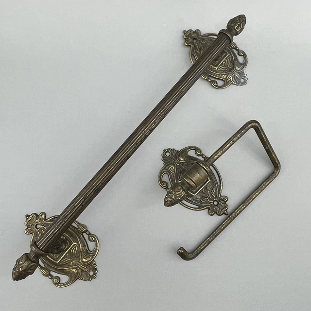 Antique Brass Victorian 14” Towel Rod Bar Toilet Paper Holder  Vintage Bathroom
