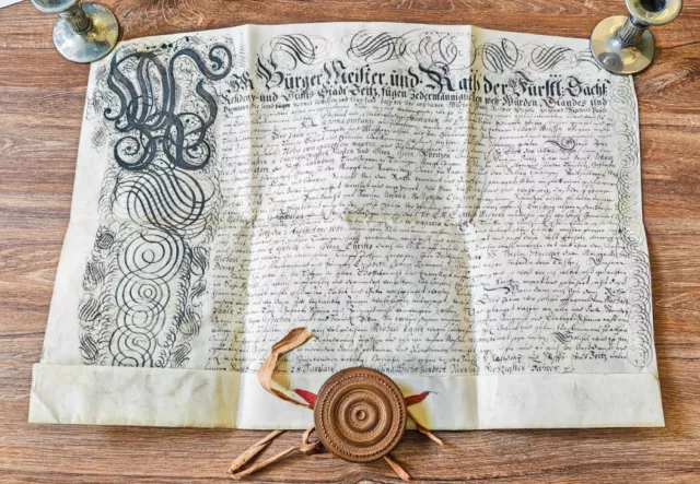 Antikes Dokument Pergament Stadt "Zeitz" Sachsen-Anhalt mit Siegel 28.01.1669