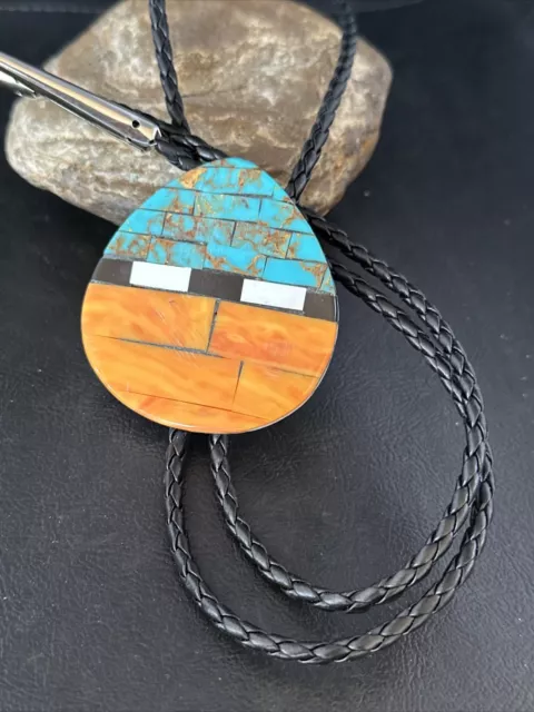 Mens Turquoise & Orange Spiny Oyster Sterling Silver Bolo Tie 14629