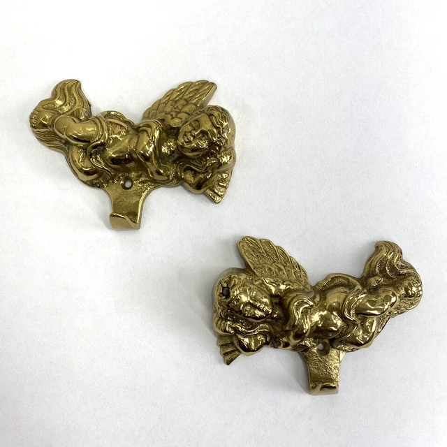 Two 2 Brass Cherub Angels Small 3.5"x2.75" Wall Hooks Hangers Holder Hanging Lot