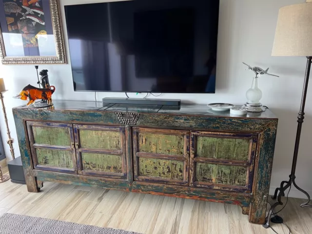 Antique Chinese Sideboard Long Cabinet in Clear Lacquer over Crackled Finish