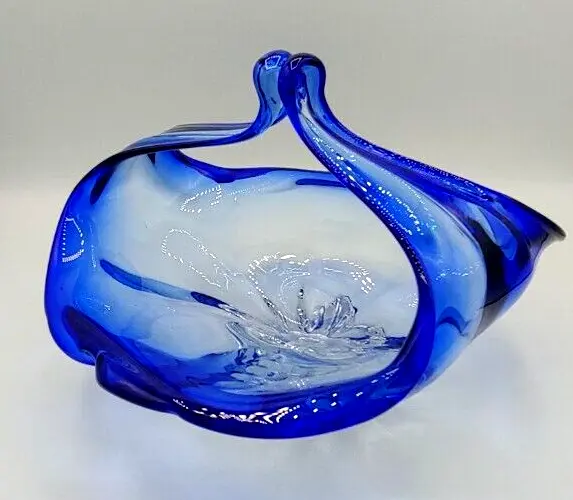Shannon Irish Crystal Cobalt Blue Clear 10.25" Basket Vase Candy Bowl Hand Blown