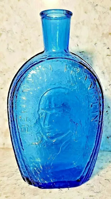 Wheaton Blue Glass Benjamin Franklin 1888 Glasshouse Bottle Vintage 8" Tall