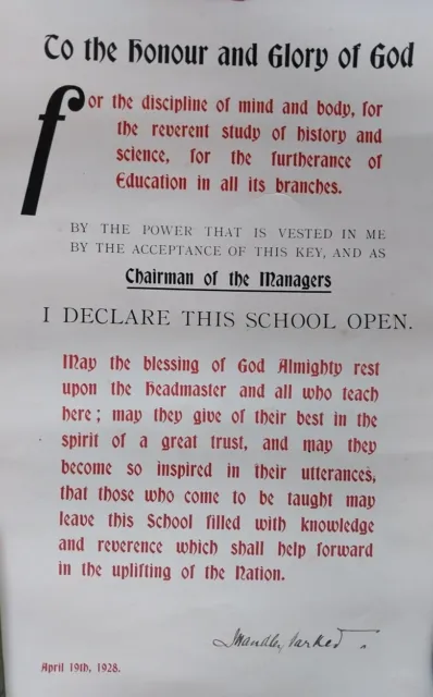 1928 Document being A Prayer On A School Opening, Signed By Chairman J H Parker