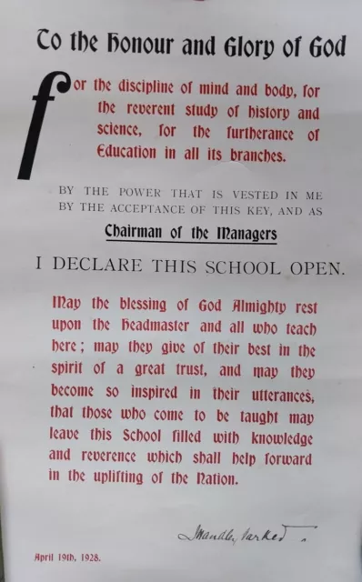1928 Document being A Prayer On A School Opening, Signed By Chairman J H Parker