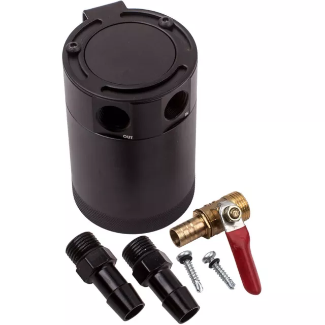 Universal 2-Port Aluminum Baffled Oil Catch Can Tank+Drain Valve Breather Filter