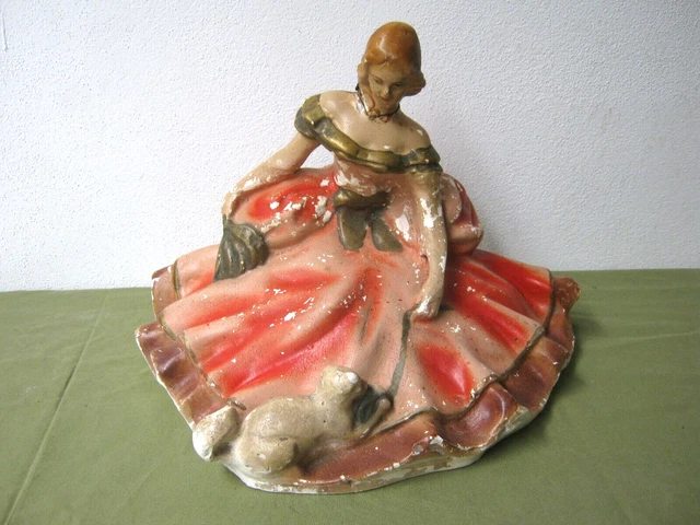 ANTICA STATUINA IN Gesso Dama Con Gatto E Ventaglio Statua Da
